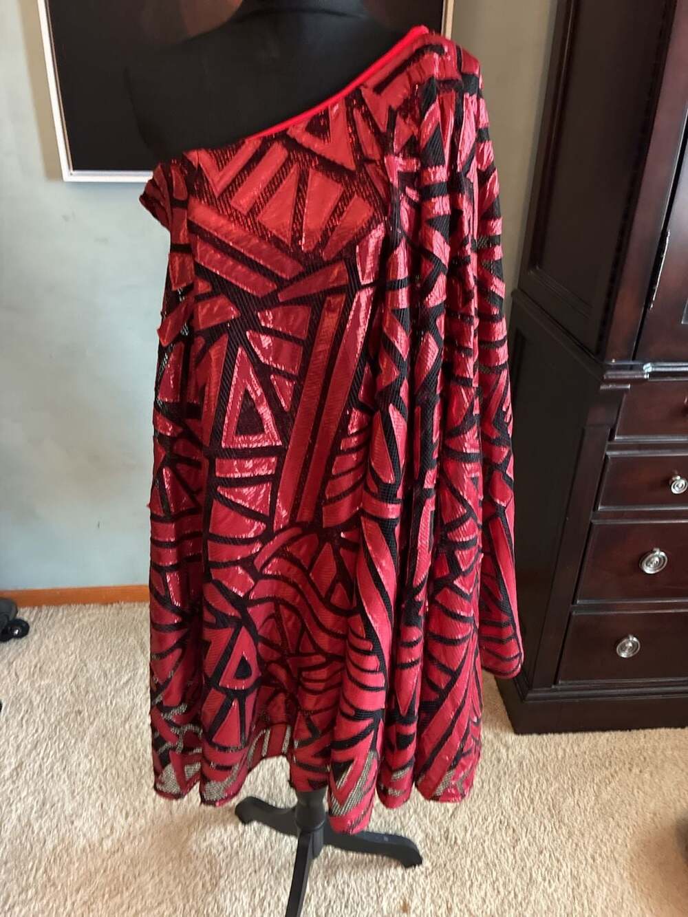 Haus of Lanoue Red Sequin Sleeveless Mini Dress with Geometric Overlay SzM A681